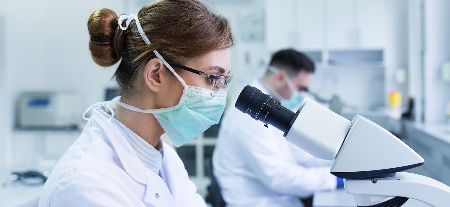 Two researchers in lab looking in microscopes
